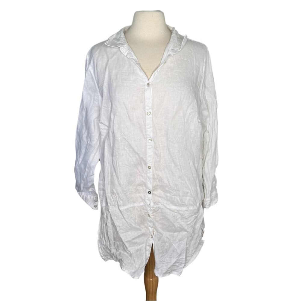 Tahari 100% Linen Button Up Tunic Top White Minimalist U11